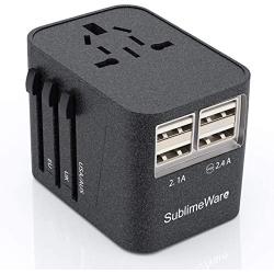 International Power Adapter for Travel (SandBlack) - 4 USB European Plug Adapter for 150+ Countries - for Europe UK America China Ireland Italy - Smart Charging 2.4A Travel Adapters by Sublimeware