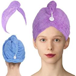 Microfiber Hair Towel Wraps 2 Pack - 10x26 Inch Hair Drying Towels With Button Super Absorbent Quick Drying Bath Salon Hat For Women - Fast Dry Hair Turban For Curly, Long & Thick Hair (Blue & Purple)