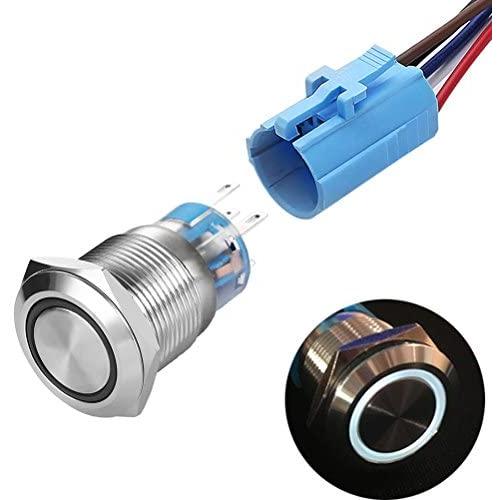 Quentacy Momentary Push Button Switch 1NO1NC Waterproof Silver Stainless Steel Shell 12V LED Ring Illuminated Switch with Wire Socket Plug Suitable for 19mm 3/4 Mounting Hole (White)