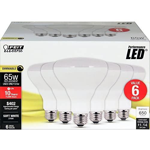 FEIT Electric BR30/DM/10KLED/6 65W Equivalent 10.5 Watt 650 Lumen Dimmable LED BR30 Flood Light Bulb, 5''H x 3.75''D, 2700K Soft White, 6 Piece