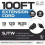 100 Ft Black Extension Cord - 16/3 Durable Electrical Cable