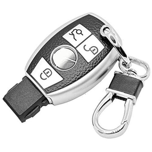 CTRINEWS for Mercedes Key Fob Cover with Leather Keychain, Advanced Soft TPU Surface Leather Grain Key Fob Holder for Classic Style Mercedes Benz Smart Key(Silver)