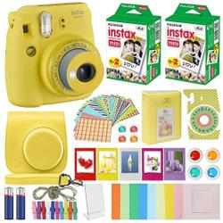 Fujifilm Instax Mini 9 - Instant Camera Clear Yellow with Clear Accents with Carrying Case + Fuji Instax Film Value Pack (40 Sheets) Accessories Bundle, Color Filters, Photo Album, Assorted Frames