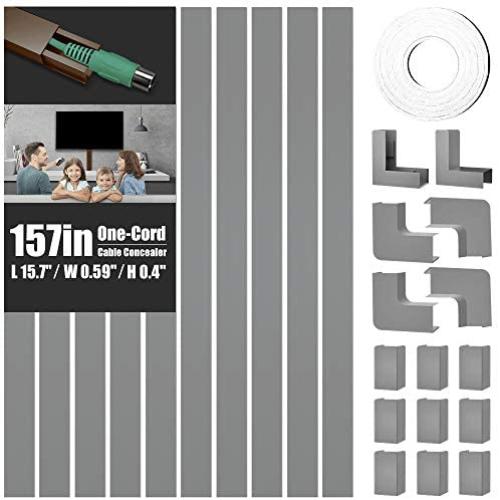 One-Cord Cable Concealer, 157in Cord Cover, PVC Wire Molding, Paintable Wire Channel to Hide a Single Power Cord, Speaker Wire or TV Cables in Home or Office - 10X L15.7in, W0.59in, H0.4in, CC03 Grey