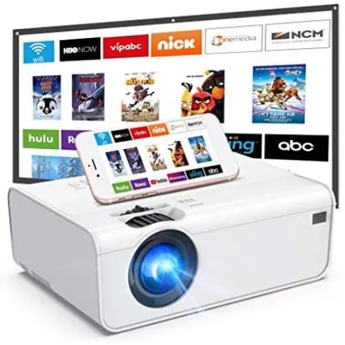 WiFi Projector, Uyole Mini Projector with 100 Projector Screen, Native 1280x720P Outdoor Movie Projector, 1080P Supported, Wireless Mirroring via WiFi/USB Cable for iPhone/Android/PC/TV/PS5
