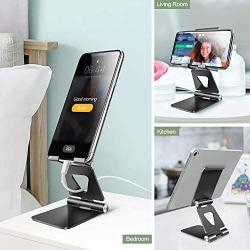 Cell Phone Stand Holder Adjustable Increase Fully Foldable Thick Aluminum Desktop Cellphone Cradle Dock with Anti-Slip Base and Convenient Charging Port for iPhone for Bedside Table, Ofice, Desk-Black