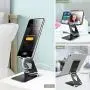 Cell Phone Stand Holder Adjustable Increase Fully Foldable Thick Aluminum Desktop Cellphone Cradle Dock with Anti-Slip Base and Convenient Charging Port for iPhone for Bedside Table, Ofice, Desk-Black