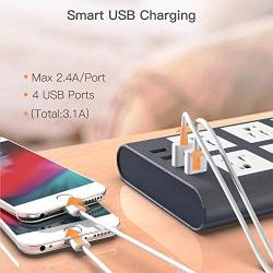 9.8 Ft Long Extension Cord Surge Protector, JACKYLED 15A Power Strip Flat Plug 6 Outlets 3.1A 4 USB Ports Fast Charging, Fireproof Electric Outlet Desktop Charger for Home Office Kitchen, Blue White