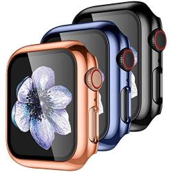【3 Pack】 Easuny Design for Apple Watch Case 38mm Series 3 2 1 with Built-in Glass Screen Protector - Overall Protective Hard Cover Accessories for iWatch Women Men,Black Rose-Gold Sea-Blue