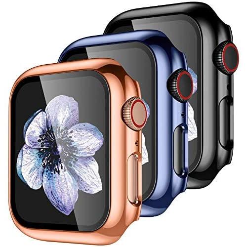 【3 Pack】 Easuny Design for Apple Watch Case 38mm Series 3 2 1 with Built-in Glass Screen Protector - Overall Protective Hard Cover Accessories for iWatch Women Men,Black Rose-Gold Sea-Blue