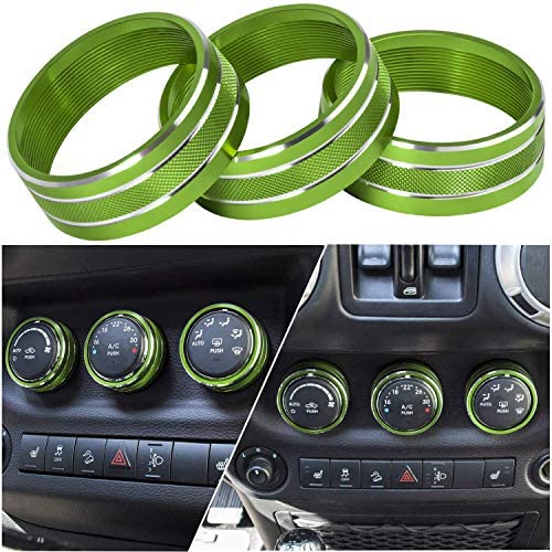 Danti 3pcs Audio Air Conditioning Button Cover Decoration Twist Switch Ring Trim for Jeep Wrangler JK JKU Patriot Liberty 2011-2018 Dodge Challenger 2008-2014 (Green)