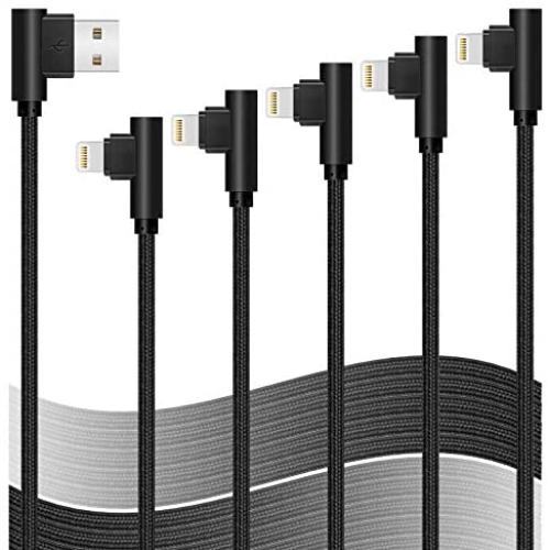 90 Degree Right Angle iPhone Charger Lightning Cable 5 Pack 3/3/6/6/10ft Certified Metal Long USB Cord iPhone 12/11/Pro/Max/X/XS/XR/XS/8/7/Plus/6/6S/SE-BLACK