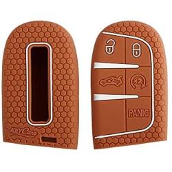 A.M.E. 2pcs Deluxe Key Fob Remote Cover Case Skin for Jeep Grand Cherokee Dodge Challenger Charger Dart Durango Journey Chrysler (Push Button Start Models) (Brown 2PCS)