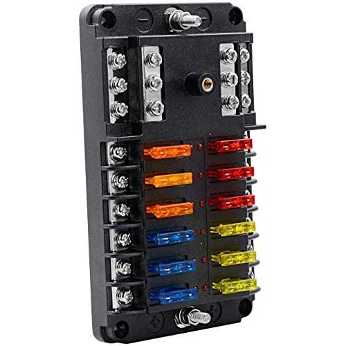 BlueFire 12 Way Blade Fuse Box Fuse Block Standard Circuit Fuse Holder with LED Light Indication & Protection Cover for Car Boat Marine Truck Vehicle SUV Yacht RV