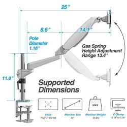 AVLT Single 13''-32'' Monitor Arm Desk Pole Mount fits One Flat/Curved/Ultrawide Monitor Full Motion Height Swivel Tilt Rotation Adjustable Monitor Arm - Silver/VESA/Heavy-Duty C-Clamp/Cable Management