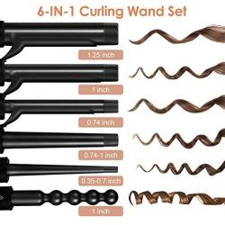 6-in-1 Curling Iron, Professional Curling Wand Set, Instant Heat Up Hair Curler with 6 Interchangeable Ceramic Barrels (0.35 to 1.25) and 2 Temperature Adjustments (Black)