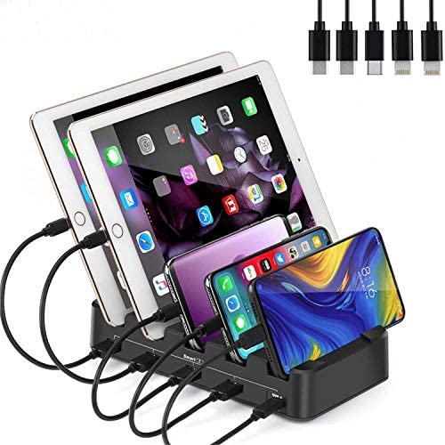 Foldable USB Charging Station Dock - 5-Port - Fast Charger Docking Station for Multiple Devices - Multi Device Charger Organizer - Compatible with Apple iPad iPhone and Android Cell Phone and Tablet