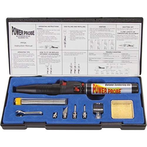 POWER PROBE Butane Soldering Kit (PPSK) [Automotive Diagnostic Car Test Tool, Easy Start Electronic Ignition, Adjustable Flame, with Multiple Tips, Black