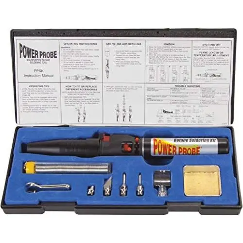 POWER PROBE Butane Soldering Kit (PPSK) [Automotive Diagnostic Car Test Tool, Easy Start Electronic Ignition, Adjustable Flame, with Multiple Tips, Black