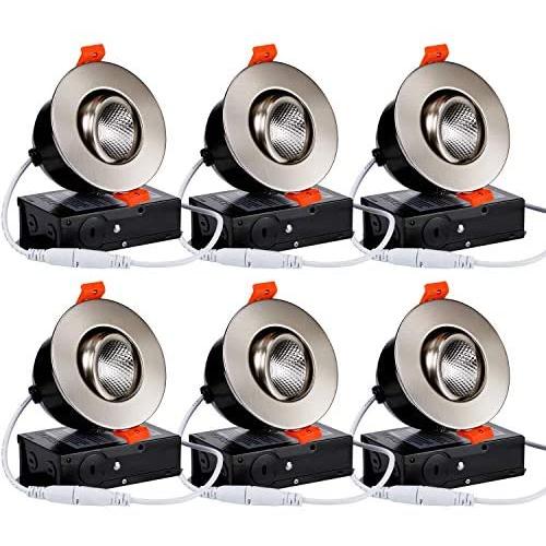 TORCHSTAR 3 Inch Gimbal LED Dimmable Recessed Light with J-Box, 7W (50W Eqv.) 500lm, Airtight, ETL & Energy Star Listed, CRI 90+, 5000K Daylight, 5 Years Warranty, Satin Nickel, Pack of 6