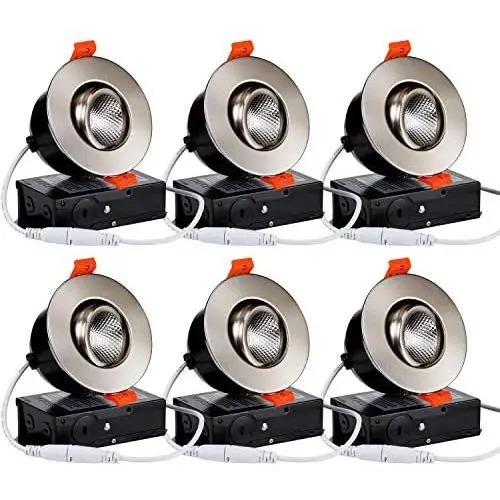 TORCHSTAR 3 Inch Gimbal LED Dimmable Recessed Light with J-Box, 7W (50W Eqv.) 500lm, Airtight, ETL/Energy Star/JA8/Title 24 Listed, CRI 90+, 3000K Warm White, 5 Years Warranty, Satin Nickel, Pack of 6