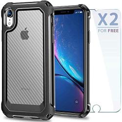 iPhone XR Case with [ Screen Protector Tempered Glass x2Pack] SUPBEC Protective Phone Cover with Silicone PC+TPU Shockproof Rubber Heavy Duty Case for iPhone XR Cases-Clear Black