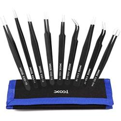 Precision Tweezers Set, XOOL 9 PCS ESD Tweezers Set, Anti-Static Stainless Steel Tweezers Kit, Non-magnetic and Multi-standard Stainless Steel Tweezers for Lab, Electronics, Jewelry and Detailed Work