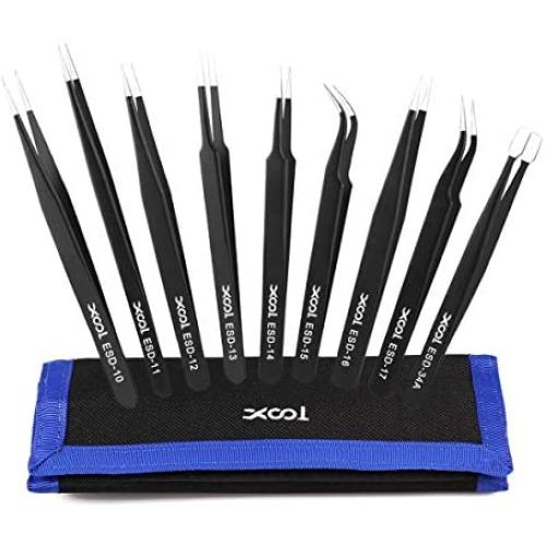 Precision Tweezers Set, XOOL 9 PCS ESD Tweezers Set, Anti-Static Stainless Steel Tweezers Kit, Non-magnetic and Multi-standard Stainless Steel Tweezers for Lab, Electronics, Jewelry and Detailed Work
