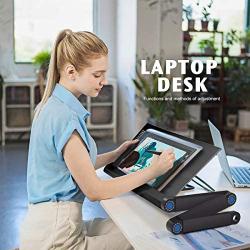 Upgraded Aluminum Laptop Stand Adjustable with Cooling Fan and Mouse Pad, Reinforced Ergonomic Lap Desk Foldable Portable Computer Table for Bed Sofa Couch Office (Extra Wide Tray: 19'', Black)