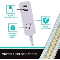 Cordinate Designer 1-Outlet 2-USB Charging Extension Cord with Surge Protection, Mint Braided Décor Fabric Cord, 10 ft, 2.4A USB Charging Ports, with Tamper Resistant Safety Outlets, 37918
