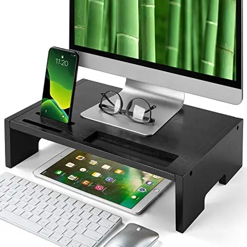 Amada Monitor Stand Riser- Bamboo Desktop Riser for Laptop Computer, Monitor Riser Desk Organizer with Phone Holder and Stationery Management, Desktop Stand for Printer & Office Supplies-AMBMS04