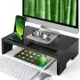Amada Monitor Stand Riser- Bamboo Desktop Riser for Laptop Computer, Monitor Riser Desk Organizer with Phone Holder and Stationery Management, Desktop Stand for Printer & Office Supplies-AMBMS04