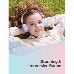 iClever Kids Headphones for School with Microphone - 94dB Volume Control, Wired Headphones for Kids Girls Boys, Adjustable Foldable On-Ear Headphones for Online Learning/iPad/Tablet/Travel, Pink