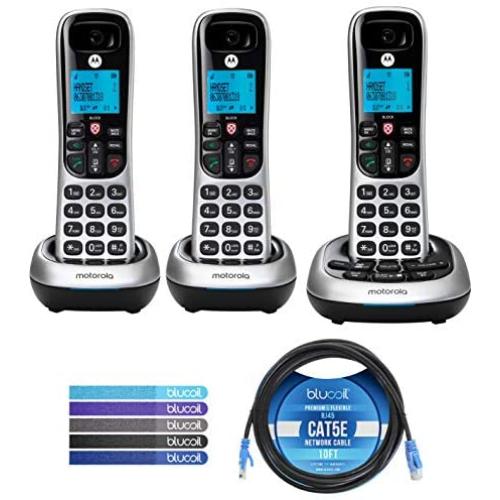 Motorola CD4013 DECT 6.0 Cordless Phones with Digital Answering Machine and Call Block (3-Pack) Bundle with Blucoil 10-FT 1 Gbps Cat5e Cable, and Reusable Cable Ties (5-Pack)
