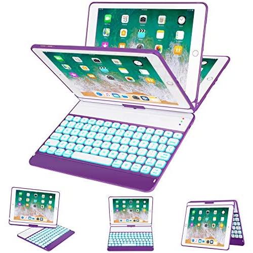 iPad Keyboard Case 9.7 for iPad 2018 (6th Gen) - 2017 (5th Gen) - iPad Pro 9.7 - iPad Air 2 & 1, 7 Color Backlit Keyboard Case/360 Rotate Wireless/BT Keyboard Case with Auto Sleep/Wake Purple