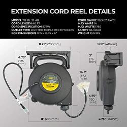 TerraBloom 40 Ft 12/3 Retractable Extension Cord Reel - 2 in 1 Mountable & Portable Power Cord Reel with 3 Electrical Outlets - SJTW Heavy Duty Black Case and Black Cable with Lighted Power Block