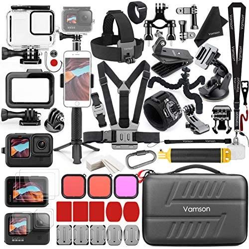 Vamson Accessories Kit for GoPro Hero 9 Black Waterproof Housing Case Filter Silicone Protector Frame Lens Screen Tempered Glass Head Chest Strap Bike Car Mount Floating Bundle Set Kit 64 in 1 AVS18