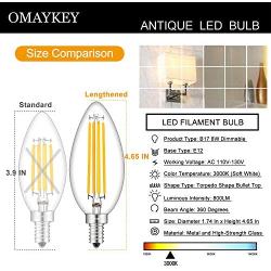 OMAYKEY 8W Large LED Dimmable Candelabra Bulb 80W Equivalent 3000K Soft White 800LM, E12 Base Vintage Edison LED Chandelier Light Bulbs, B17 Enlarged & Lengthened Candle Clear Glass Bulbs, 4 Pack