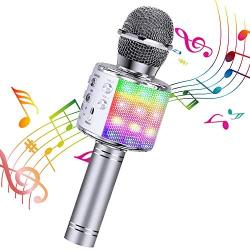 BlueFire Bluetooth 4 in 1 Karaoke Wireless Microphone with LED Lights, Portable Microphone for Kids, Girls, Boys and Adults (Silver)