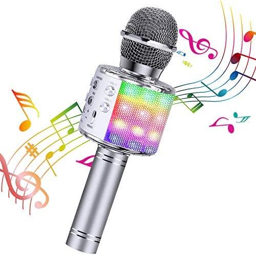 BlueFire Bluetooth 4 in 1 Karaoke Wireless Microphone with LED Lights, Portable Microphone for Kids, Girls, Boys and Adults (Silver)
