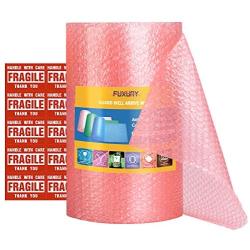 Fuxury Pink Anti-Static Bubble Cushioning Wrap Roll Air Bubble Roll 1 Roll 36 Feet,Perforated Every 12'',Included 10 Fragile Sticker Labels for Packaging Moving Shipping Boxes Supplies