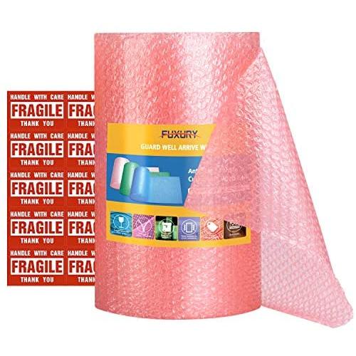 Fuxury Pink Anti-Static Bubble Cushioning Wrap Roll Air Bubble Roll 1 Roll 36 Feet,Perforated Every 12'',Included 10 Fragile Sticker Labels for Packaging Moving Shipping Boxes Supplies