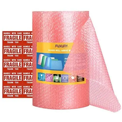 Fuxury Pink Anti-Static Bubble Cushioning Wrap Roll Air Bubble Roll 1 Roll 36 Feet,Perforated Every 12'',Included 10 Fragile Sticker Labels for Packaging Moving Shipping Boxes Supplies