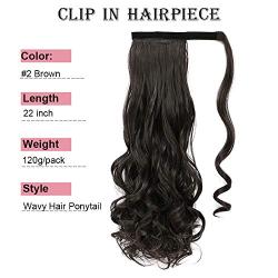 WOME Clip in Ponytail Extension Wrap Around Long Wavy Hair Dark Brown Color Fluffy Pony Tail 22 Inch Long Body Wave Magic Paste Heat Resistant Ponytail Black Hairpiece for Women