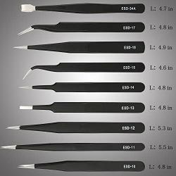 Kingdun 9pcs Stainless steel Tweezer Set,Anti-static ESD Tweezers with Non Magnetic Tips for Electronics Repair, Soldering, Crafting and Jewelry