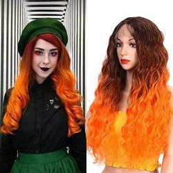 Halloween Synthetic Cosplay Wig Organge Fire Long Curly Wavy Wig for Women Curly Costume Women Wigs For Halloween Party Ombre Orange Halloween Party Wigs Synthetic Cosplay Wigs for Girl 150% Density Cosplay Party Wigs(Ombre Orange)