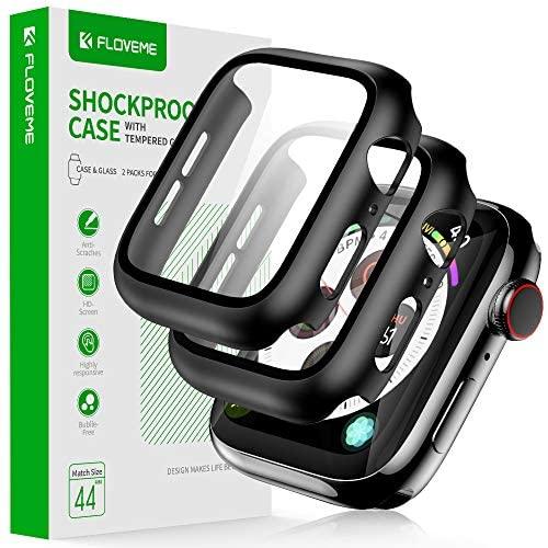 FLOVEME Protective Case with Glass for Apple Watch Series 6 5 4 SE 44mm Screen Protector 2 Pack Tempered Glass Hard PC Bumper Cover Compatible with Apple Watch Screen Protector 44mm - Case for iWatch