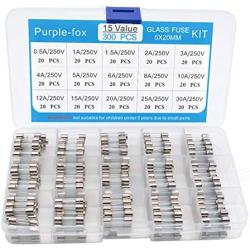 Glass Tube Fuses, 200pcs Purple-fox Fast Blow Car Electric Glass Tube Fuses Kit 5x20mm 0.5A, 1A, 2A, 3A, 5A, 10A, 15A, 20A, 25A, 30A 250V with Case (300PCS 5X20MM B)