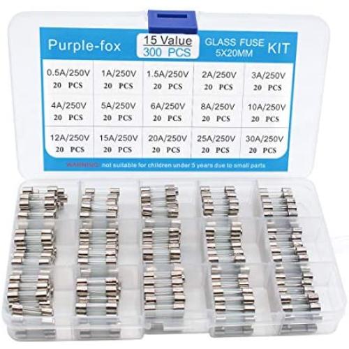 Glass Tube Fuses, 200pcs Purple-fox Fast Blow Car Electric Glass Tube Fuses Kit 5x20mm 0.5A, 1A, 2A, 3A, 5A, 10A, 15A, 20A, 25A, 30A 250V with Case (300PCS 5X20MM B)