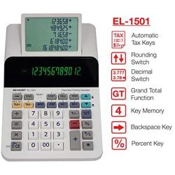 Sharp El-1501 Compact Cordless Paperless Large 12-Digit Display Desktop Printing Calculator That Utilizes Printing Calculator Logic
